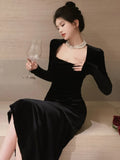 Elegant Solid Velvet Mermaid Dress for Women Vintage Chic Square Collar Bodycon Evening Party Dresses Female Slim Vestidos Mujer