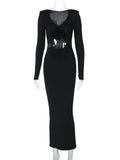 Elegant Flower Hollow Out Midi Dress For Women Black V Neck Long Sleeve Bodycon Sexy Dress Female Skinny Party Dress