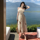 New Elegant Floral Midi Dress for Women Summer Fashion Sleeveless Spaghetti Strap Beach Holiday Ladies Sundress Clothing