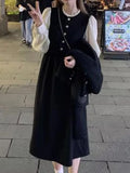 Elegant Long Sleeve Slim Midi Dresses for Women Bodycon Party Dress French Chiffon Black Robe Autumn Vintage One Piece Vestido