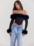 Elegant Feather Strapless Sexy T-shirt Women Fashion Black Off-shoulder Backless Sheer Long Sleeve Club Party Sexy Tops