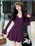 Autumn Solid Knitted Dresses for Women Elegant Fashion V-Neck Slim Evening Party Mini Dress Female A-Line Casual Vestidos Mujer