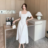 Summer New Elegant Party White Midi Dresses for Women Korean Square Collar Puff Sleeve Slim Holiday Casual Female Clothing