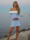 Off-shoulder Long Sleeve Mini Dress For Women Autumn Winter New Patchwork Strapless Backless A-line Sexy Dress Elegant