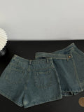 Autumn Winter American Vintage Women 2000s Aesthetic Denim Y2k Outfits 2 Piece Skirt Set Long Sleeve Jean Jacket + Mini Culottes