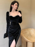 Bodycon Sexy Party Dresses Women Winter Black Evening Elegant Long Dress Ladies France Vintage Split Fishtail Vestidos Autumn