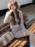 Y2k Knitted Skirt 2 Piece Suit Autumn Korean Sweet Chic Slim Short Jumper Hight Waist Pleats Mini Skirt Set Women New Outfits