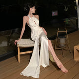 Elegant Party White Satin Long Dresses for Women Summer New Sexy Sleeveless Birthday Backless Bandage Female Clothing Robe