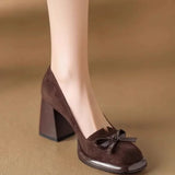 Women Spring Autumn Pumps Chunky High Heels Shoes for Ladies New Bow Suede Fashion Heels Women Brown Platform Square