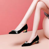 Women's Summer Footwear Diamond Shoes for Woman Evening with Bow Black Pointed Toe Rhinestone Crystals Medium Heels Fashion