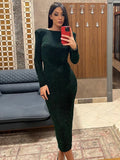 Glitter Backless Ruched Midi Dress For Women Robe New Full Sleeve Bodycon Shiny Party Long Dress Vestido