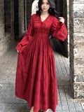 Autumn Elegant Red Hollow Out Evening Dresses for Women V-Neck Lace-up Long Sleeve A-Line Vestidos Vintage Party Dress Long Robe