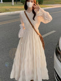 French Elegant Dress Women Vintage A-line Flare Sleeve Spring Autumn Fashion Casual Solid Party Prom Robe Vestidos New