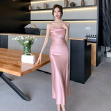 Elegant Party Black Satin Midi Dresses for Women Summer New Sexy Fashion Bodycon Sleeveless Split Strap Female Clothing