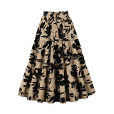 Autumn elegant floral print elastic waist bow belt casual party skirt