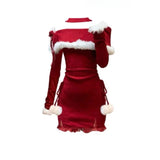 Christmas New Years Bodycon Knitted Mini Dress Women Casual Long Sleeve Sweet Elegant Even Party One Piece Dress Korean Fur