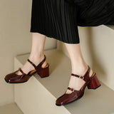 Patent Leather Mary Jane Sandals Women Block High Heels Double Buckle Shoes Woman Square Toe Big Size 44-46 Sandal Shoe