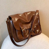 Large Capacity Brown Messenger Bag Women Vintage Soft Chic Pu Leather Handbag Female Harajuku Casual Crossbody Bags New