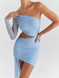 One-Shoulder Oblique Shoulder Halter Woman Dress One-Sleeve Transparent Sexy Elastic Tight-Fitting Dress Praty Evening