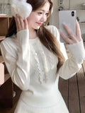 Y2K Solid Knitted Skirt Suit Women O-Neck Long Sleeve Top + Pleated Mini Skirts Elegant Casual Sweater Chic Outfits 2 Pieces Set