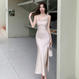 Elegant Party Black Satin Midi Dresses for Women Summer New Sexy Fashion Bodycon Sleeveless Split Strap Female Clothing