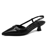 New Summer Women's Dress Shoes Patent Leather Slip on Pointed Toe Sandals Buckle Slingbacks Mid Heels Pumps Sandalias Mujer