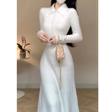 Elegant White Knitted Dresses for Women Autumn Winter Korean Fashion Slim A-line Long Sleeves Sweater Casual Female Clothes