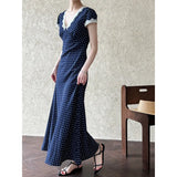 Summer Lace Patchwork Polka Dot Dress Women V-neck Elegant High Waist A-line Midi Dresses