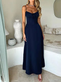 Elegant Strappy Backless Long Dress Women's Summer Fashion Round Neck Smocked Solid Color Slim Evening Dress Long Dress