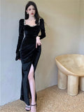 Bodycon Sexy Party Dresses Women Winter Black Evening Elegant Long Dress Ladies France Vintage Split Fishtail Vestidos Autumn