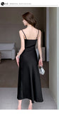 Elegant Party Black Satin Midi Dresses for Women Summer New Sexy Fashion Bodycon Sleeveless Split Strap Female Clothing