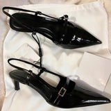 Black High Heel Women Summer Woman Pumps Pointed Leather Sexy Slingbacks Shallow Mouth Single Shoes For  Sandals