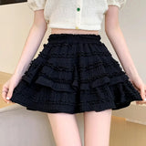 Sweet Cute Lace Mini Skirt Women Kawaii White Ruffles Pleated Skirts Summer Korean High Waist Black Casual A Line Skirt