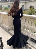 Autumn Sexy Black Mermaid Party Dress for Women Square Collar Long Sleeve Slim Bodycon Vestidos Elegant Streetwear Long Robe