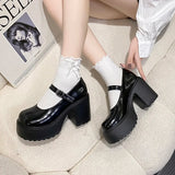 High Heels Platform Chunky Pumps Women Pu Leather Ankle Buckle Mary Jane Shoes Woman Thick Heeled Goth Lolita Shoes Female