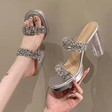 Summer New Thick Sole Thick Heel Slippers for Women Wearing Silver Open Toe Double Striped High Heel Sandals with Sequins