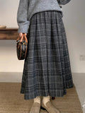 Vintage Women Long Plaid Thick Pleated Faux Woolen Skirts For Ladies Autumn Winter A-Line Loose Casual High Waist Midi Skirt SK4