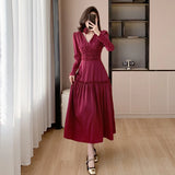 Autumn New Elegant Chic Satin Midi Dresses for Women Fashion V-neck Long Sleeve Pleated Ruffles Prom Party Female Clothing