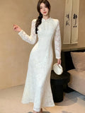 Elegant Hollow Out Lace Cheongsam Dress Chinese Style New Fashion Sexy Slim Wedding Party Dresses Solid Bodycon Vestidos Mujer