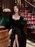 Elegant Wedding Party Black Velvet Midi Dresses for Women Autumn Square Neck Long Sleeves Evening Prom Mini Female Clothing