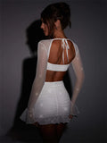 Glitter Mesh Sexy Dress Set Women Strapless Flare Sleeve Crop Top And Mini Skirt Sets Club Party Sparkle Two Piece Set