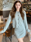 Women's Two Pieces Set Elegant Solid Single Breasted Long Sleeve Top Straight Knitted Skirt Suit Autumn Y2K Female Clothing Sets