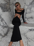 Hollow Out Long Sleeve Sexy Maxi Dress For Women Black Solid Backless Bodycon Club Party Sexy Long Dress Elegant