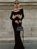 Hollow Out Long Sleeve Sexy Maxi Dress For Women Black Solid Backless Bodycon Club Party Sexy Long Dress Elegant