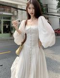 Women Vintage Square Collar White Dress for Autumn New Single Breasted Lantern Sleeved Robe France Elegant Party Vestidos