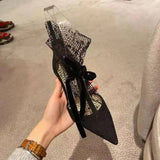 Spring and summer new pointed hollow suede bow mesh sandals thin high-heeled banquet dress versatile sexy women's sandals