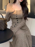 Elegant Solid Knitted Skirts Suit Square Collar Long Sleeve Sweater Cardigan Tops A-Line Skirt New Autumn Female Two Pieces Set