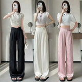 Pink New Chinese Satin Jacquard Suit Pants for Women Spring/Summer New High Waist Loose Straight Button Wide Leg Pants