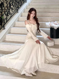 Elegant Solid Wedding Dresses for Women Long Sleeve Off Shoulder A-Line Party Prom Vestidos Female Fashion Long Robe Clothes New