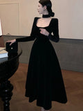 Autumn Winter Black Velvet Midi Dress Women France Vintage Long Sleeve Square Collar Birthday Party A-Line Vestidos Female Robe